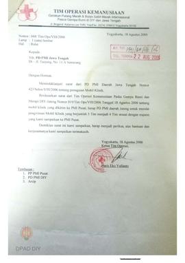 Surat dari Tim Operasi Kemanusiaan Yogyakarta untuk PMI Jawa Tengah tentang permohonan ralat peng...