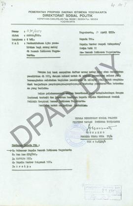 Surat dari Kepala Direktorat Sosial Politik Propinsi DIY, Sunarno, kepada Kepala Kantor  Sosial K...