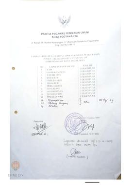 Tanda terima penyerahan laporan kinerja pengawasan pemilu legislatif oleh Panwascam dari Panwaslu...
