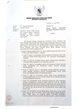 Surat dari Badan Pengawas Pemilihan Umum Republik Indonesia  ditujukan kepada   Ketua  Badan Peme...
