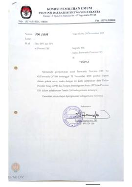 Surat dari Komisi Pemilihan Umum Provinsi DIY untuk Ketua  Panwaslu Provinsi DIY perihal Data DPT...