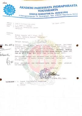 Surat dari Direktur Akademi Pariwisata Indraphrasta Yogyakarta kepada Kepala BP-7 Provinsi Daerah...