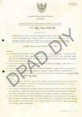 Surat Keputusan Gubernur Kepala DIY No. 37/Idz/KPTS/1987 tentang pemberian ijin lokasi dan pembeb...