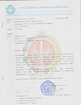 Surat dari Pembantu Rektor I Universitas Wangsa Manggala kepada Kepala BP-7 Provinsi Daerah Istim...