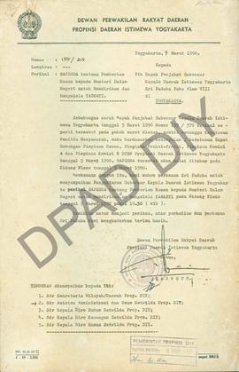 Surat dari Ketua Dewan Perwakilan Rakyat Daerah Propinsi Yogyakarta, Parwoto kepada Gubernur Kepa...