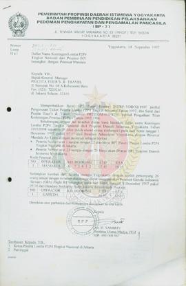 Surat dari Kepala BP-7 Daerah Istimewa Yogyakarta kepada Bpk. General Manager Pratita Tour’s &amp...