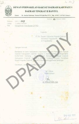Surat dari Wakil Ketua I DPRD Bantul  H. Tohayadi, BA kepada Gubernur DIY tentang Keputusan DPRD ...