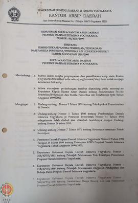 Surat Keputusan Kepala Kantor Arsip Daerah Provinsi Daerah Istimewa Yogyakarta Nomor: 04/KEP/1999...