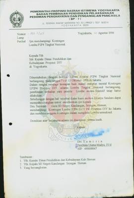 Surat dari Kepala BP-7 Pemerintah Provinsi Daerah Istimewa Yogyakarta kepada Kepala Dinas Pendidi...