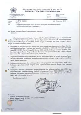Surat dari Departemen Keuangan RI kepada Kepala Sekretariat Bawaslu tentang dispensasi pembayaran...