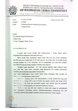 Surat masuk tanggal 29 Januari  2008 dari SMP Muhammadiyah 1 Berbah nomor : E.2/23/e14/II/2008 te...