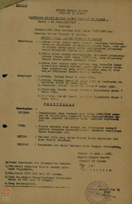 Salinan Keputusan Bupati Kabupaten Dati II Sleman Nomor:  74/Kep.KDH/1987 Tanggal 8 Mei tentang P...