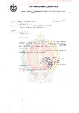 Surat Keputusan Rektor Universitas Janabadra Yogyakarta nomor : 041/kpts/UJB/VIII/1996 tentang pe...