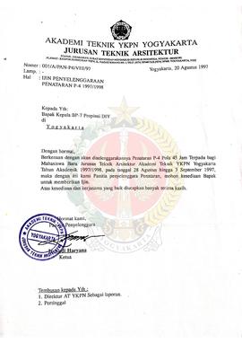 Surat dari panitia penyelenggara penataran P-4 jurusan Teknik Arsitektur Akademi Teknik YKPN (Yay...