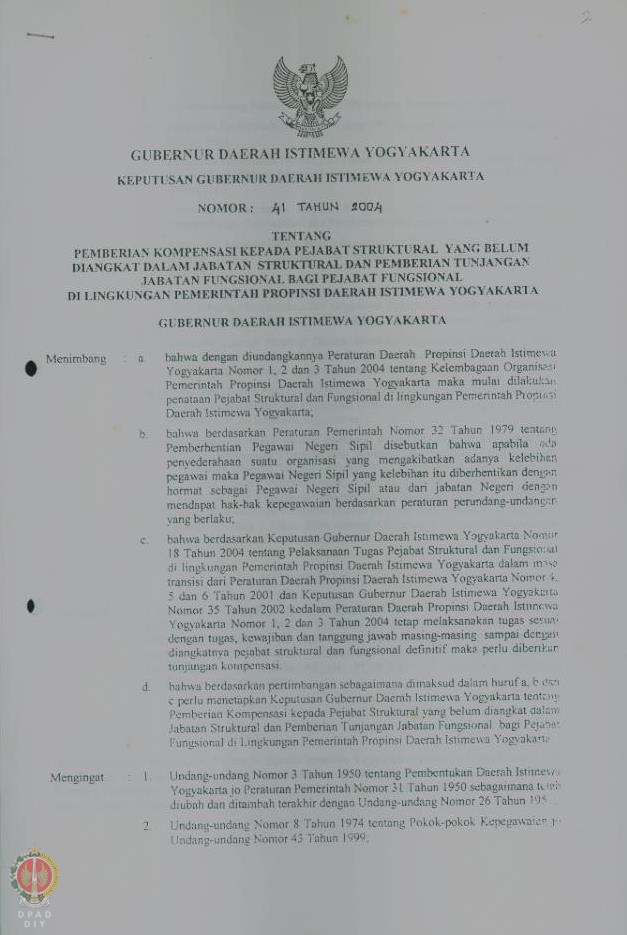 Keputusan Gubernur DIY Nomor 41 Tahun 2004 Tentang Pemberian Kompensasi ...