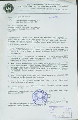 Surat dari Rektor Institut Keguruan dan Ilmu Pendidikan (IKIP) Yogyakarta kepada Kepala  Badan Pe...