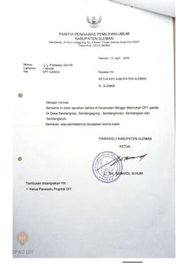 Surat dari Panwaslu Kabupaten Sleman perihal pelaporan ditemukannya DPT ganda di Desa Sendangrejo...