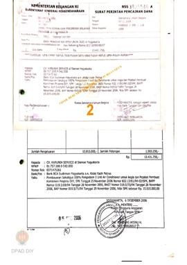 Surat Perintah Pencairan Dana kepada CV. Karunia Service di Sleman, Yogyakarta untuk Pembayaran s...