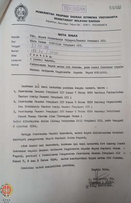 Nota dinas dari Kepala Biro Hukum Sekretariat Wilayah Daerah Provinsi Daerah Istimewa Yogyakarta ...