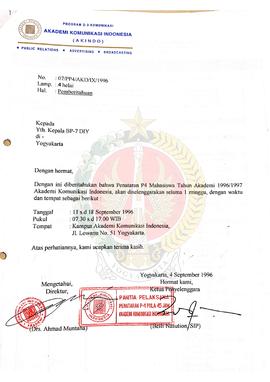 Surat dari  Ketua Penyelenggara Penataran P-4 Pola 45 Jam Akademi Komunikasi Yogyakarta kepada Ke...