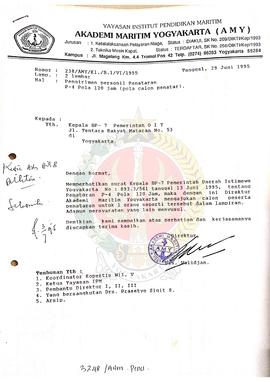 Surat dari Direktur Akademi Maritim Yogyakarta (AMY) kepada Kepala BP-7 Pemerintah Daerah Istimew...