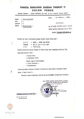 Surat Panitia Pilkada Tk II Kulon Progo No: 53/LC.2/III/1982 tentang Pemberitahuan penyelenggaraa...
