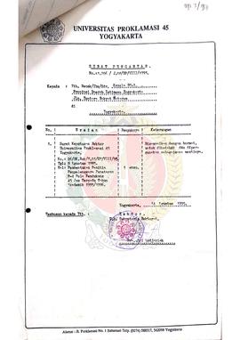 Surat Keputusan Rektor Universitas Proklamasi 45 Yogyakarta Nomor: 26/SK.Rek/E.03/UP/VIII/1995 te...