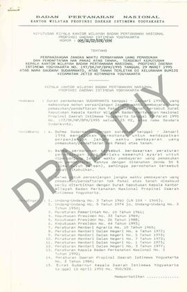 Surat Keputusan Kepala Kantor Wilayah Badan Pertanahan Nasional Provinsi DIY. No : 005/SK / HP / ...