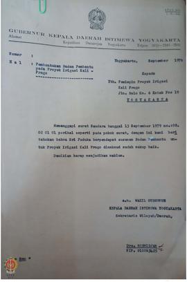 Konsep surat dari Sekwilda atas nama Wakil Gubernur DIY kepada Pemimpin Proyek Irigasi Kali Progo...