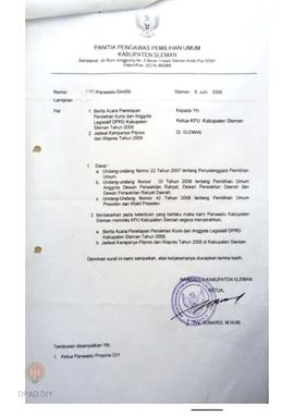 Surat dari Panwaslu Kabupaten Sleman kepada Ketua KPU Kabupaten Sleman perihal berita acara penet...