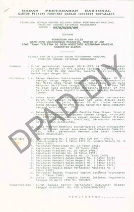 Surat Keputusan Kepala   Kantor Wilayah Badan Pertanahan Nasional Provinsi DIY. No : 006 /SK / HM...