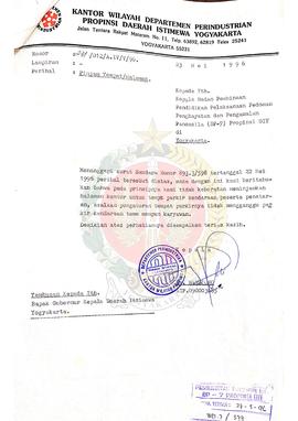 Surat dari Kepala Kantor Wilayah Departemen Perindustrian Daerah Istimewa Yogyakarta kepada Kepal...