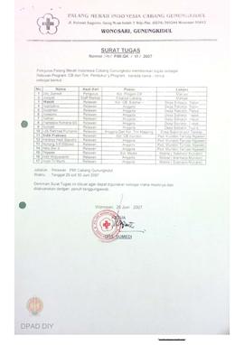 Surat tugas No. 140/PMI.GK/VI/2007 dari PMI ke Pengurus PMI cabang Gunungkidul sebagai relawan pr...