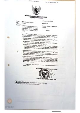 Surat dari Bawaslu untuk Ketua Panwaslu DIY tentang tata cara pengenaan sanksi atas pelanggaran k...