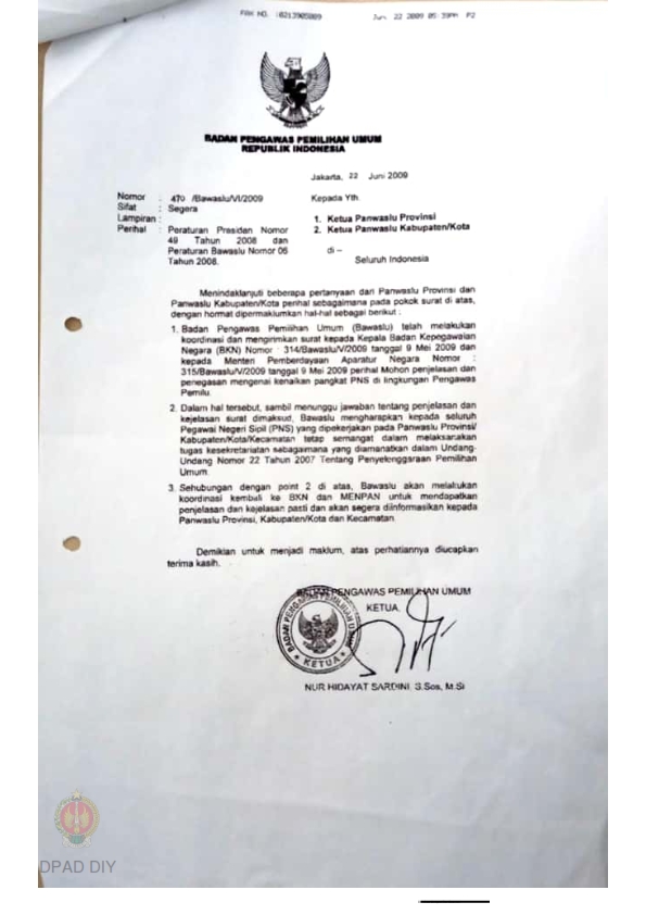 Surat Dari Bawaslu RI Untuk Ketua Panwaslu Provinsi, Kabupaten/Kota DIY ...