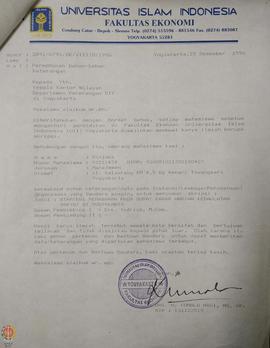 Surat dari Dekan Fakultas Ekonomi Universitas Islam Indonesia kepada Kepala Kantor Wilayah Depart...