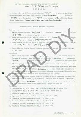Surat Keputusan Gubernur DIY No. 104/Id2/KPTS/1986 tentang pemberian ijin kepada Pemerintah Kalur...