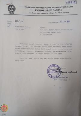 Bendel surat dari Kepala Kantor Arsip Daerah kepada Dekan Fakultas Pertanian Universitas Gadjah M...