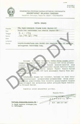 Nota Dinas dari Kepala Biro Pemerintahan Desa Setwilda Yogyakarta, Suryanto, SH. kepada Sekwilda ...