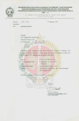 Berkas surat perihal penunjukan Saudara Heru Setiawan, SH dengan jabatan staf Bidang Pengkajian d...