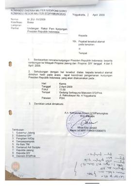 Undangan dari Komando Daerah Militer IV kepada Ketua  Panwaslu Provinsi DIY perihal Rakor pengama...