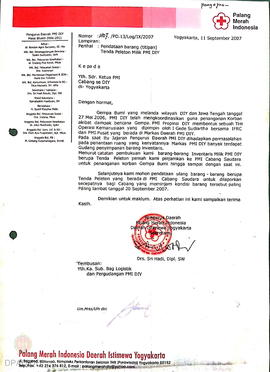 Surat permohonan dari PMI kepada ketua PMI Cabang se-DIY tanggal 11 September 2007 tentang pendat...