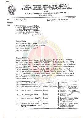 Berkas surat mengenai dikirimkannya datar nama calon peserta penataran P-4 Pola 144 jam pada tahu...