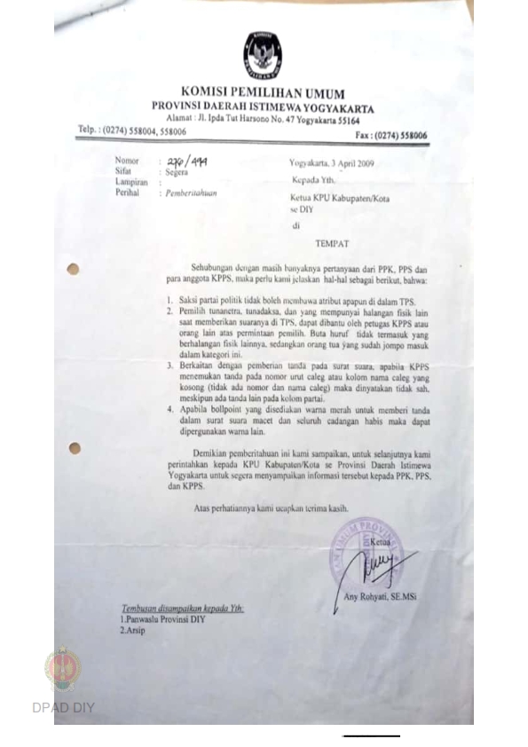 Surat Dari KPU DIY Kepada Ketua KPU Kabupaten/Kota Se-DIY Perihal ...