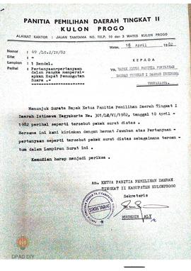 Surat dari Bupati / Ketua PPD Tingkat II Kulon Progo Nomor 69/LC.2/IV/1982 tanggal 16 April 1982 ...