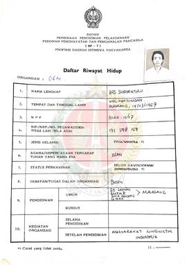 Daftar Riwayat Hidup Peserta Penataran P-4 atas nama Drs. Subiyantoro dan kawan-kawan