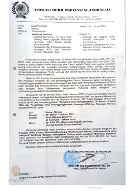 Surat dari  Asosiasi DPRD Provinsi Se-Indonesia Kepada Panwaslu Provinsi DIY tentang  Workshop Na...
