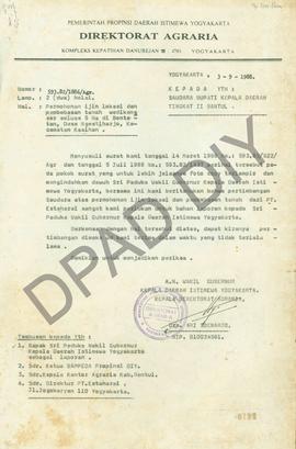 Surat dari Kepala Direktorat Agraria Drs. Ari Soenarjo kepada Bupati Bantul tentang permohonan ij...