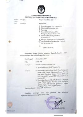 Surat dari KPU Provinsi DIY kepada Panwaslu Provinsi DIY perihal undangan penyerahan laporan hasi...