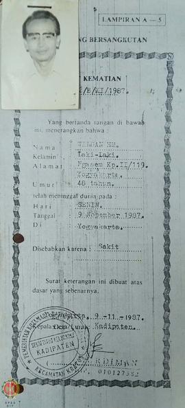 Surat Kematian Nomor : 20/B/XII/1987 dari Pemerintah Kotamadya Sekretariat Kadipaten Kecamatan Kr...